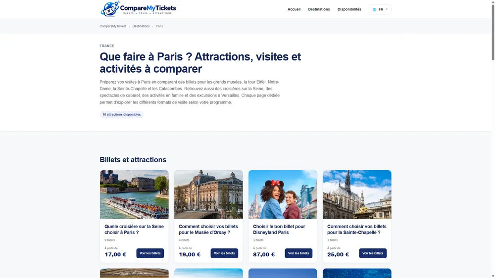 Interface du site CompareMyTickets, comparateur de billets pour attractions et visites
