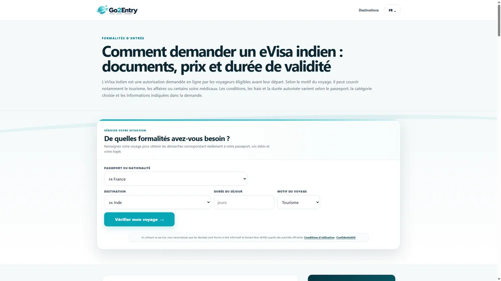 Interface du site Go2Entry consacré aux formalités d'entrée, visas et autorisations de voyage