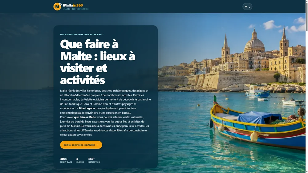 Page d'accueil du site Maltain360 consacré aux activités et excursions à Malte